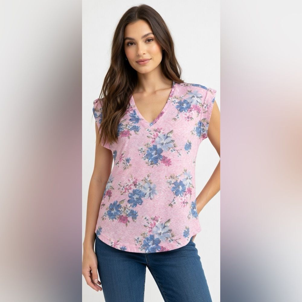 Bobeau Pink V-Neck Printed French Terry Short Sleeve T Shirt Size Medium NWOT